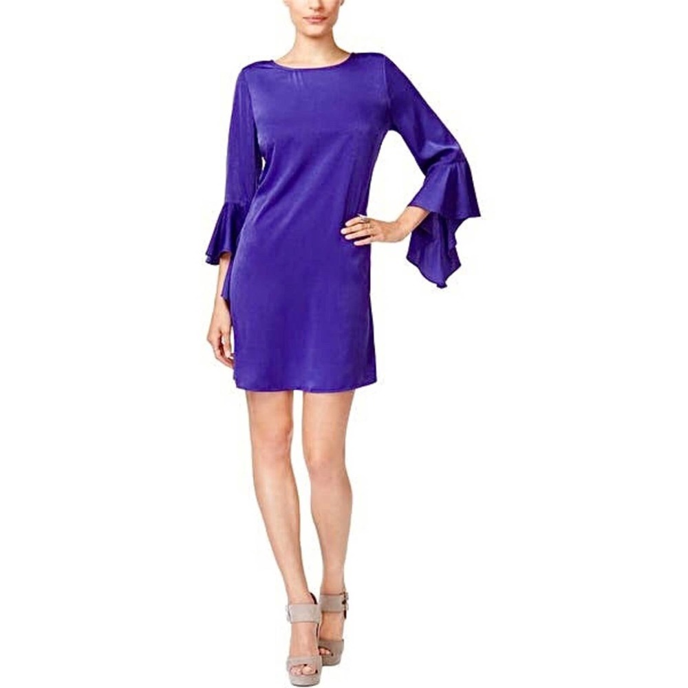 Bar III Royal Purple Ruffle Flutter 3/4 Sleeve Mini Satin Shift Dress Sz S